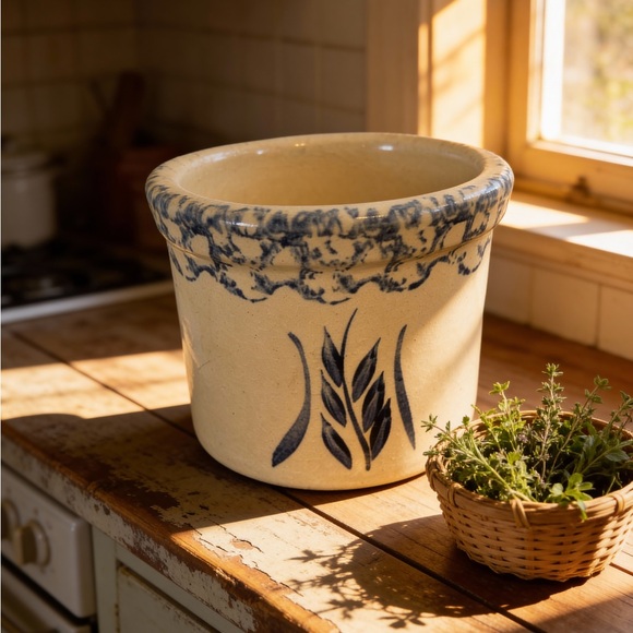 Robinson Ransbottom Pottery Stonewarcrock In The Blue Spongeware Wheat Pattern - Picture 2 of 5